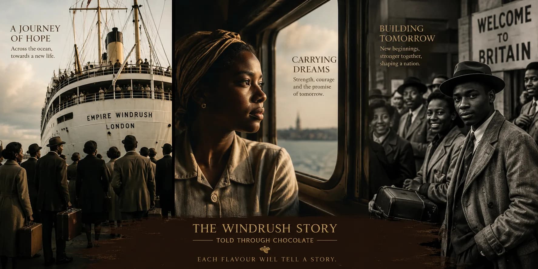 Windrush story panel one: A Journey of Hope, Carrying Dreams, Building Tomorrow