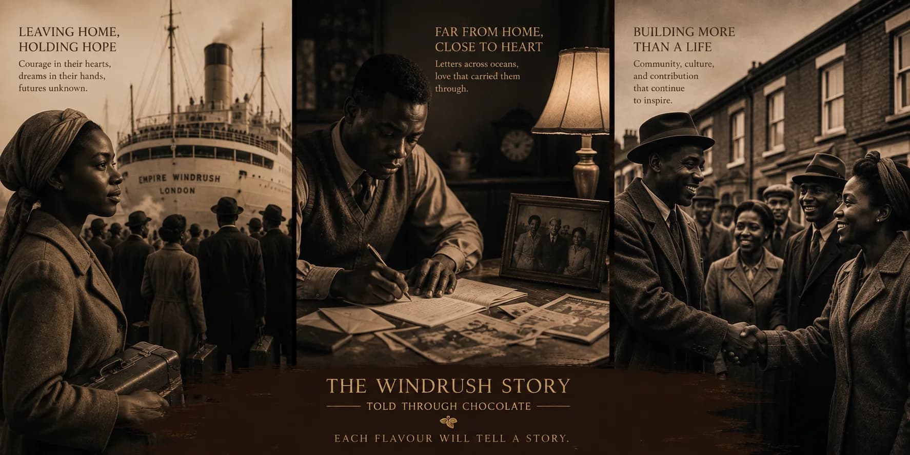 Windrush story panel two: Leaving Home Holding Hope, Far From Home Close To Heart, Building More Than A Life