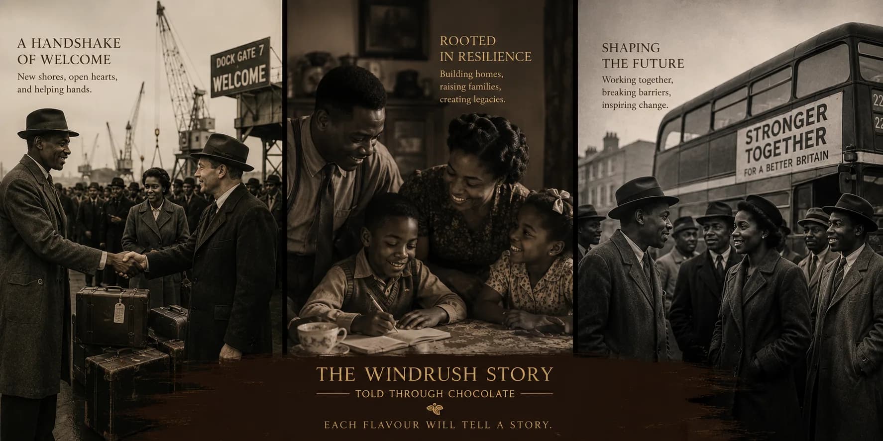 Windrush story panel three: A Handshake Of Welcome, Rooted In Resilience, Shaping The Future